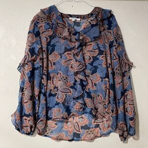 Chico’s Size 2 Blue Floral Ruffle Blouse Long Sleeve Sheer Boho Top Large